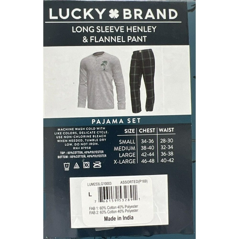 New Lucky Brand Men's 2-Pc Pajama Palm‎ Tree Henley Plaid Flannel Pant Set Large - Picture 7 of 7